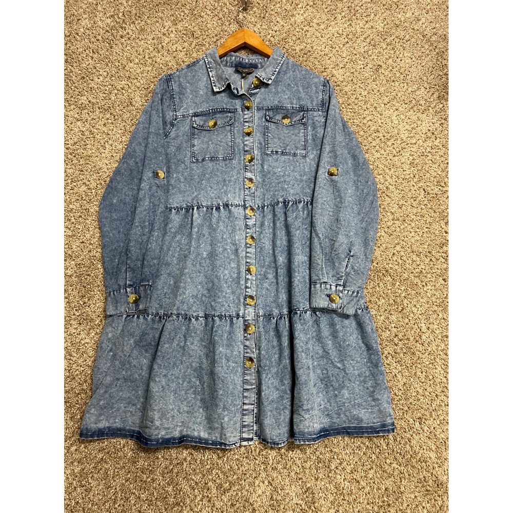 J Lee Women Stone Wash Tiered Denim Shirt Dress XL Blue Button Down